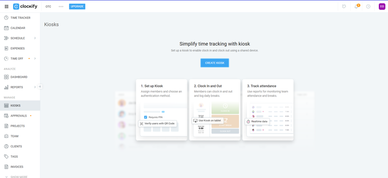 Clockify Kiosks setup page with Create Kiosk and the three setup steps