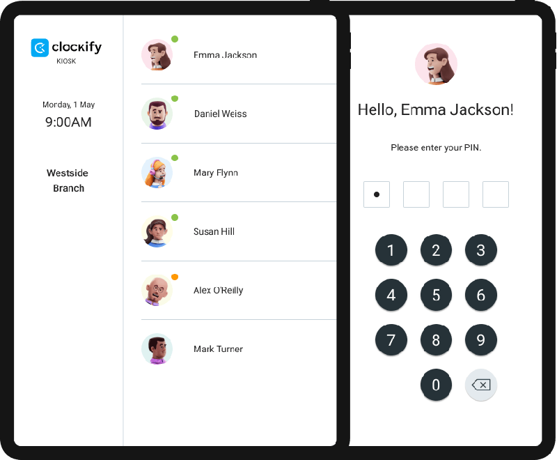 Clockify Kiosk profile selection and PIN clock-in screen on a tablet