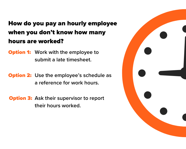 Three ways to pay an hourly employee when hours are unknown: a late time sheet, the schedule, or a supervisor report