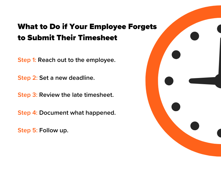 Five steps when an employee forgets a time sheet: reach out, set a deadline, review, document, and follow up