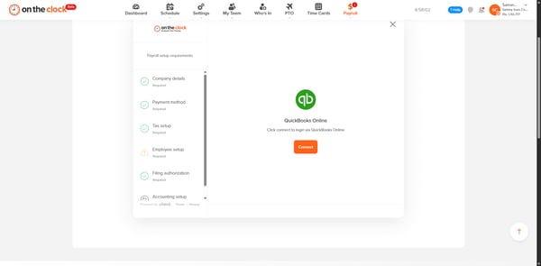 Connect button to link OnTheClock with QuickBooks Online.