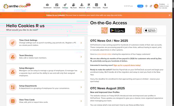 Successful login to OnTheClock dashboard
