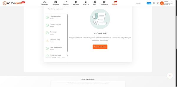 Return to Main Menu button confirming setup completion.
