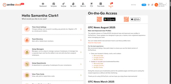 OnTheClock dashboard highlighting the Payroll button.
