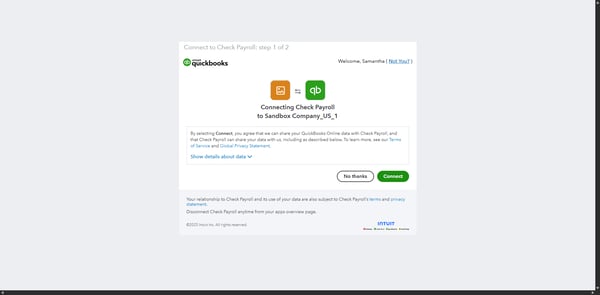 QuickBooks authorization confirmation showing Connect button.