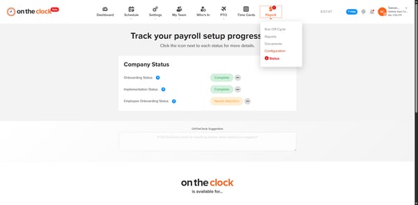 OnTheClock Payroll menu highlighting Configuration option.