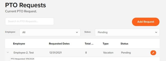 PTO Requests list page