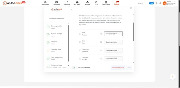 OnTheClock Payroll Configuration showing QuickBooks connected confirmation.