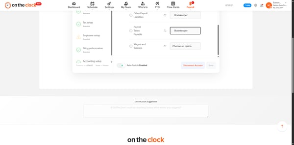 Account mapping screen linking OnTheClock payroll items to QuickBooks accounts.