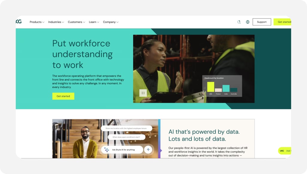 UKG workforce management platform homepage showing frontline employees, workforce analytics, and AI-powered HR insights.
