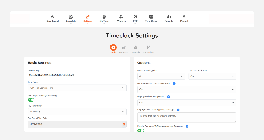 OnTheClock Timeclock Settings, Basic tab, with Pay Period Type set to Bi-Weekly
