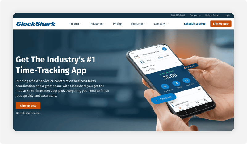 ClockShark homepage with its mobile time clock app showing a running timer and Start Break button