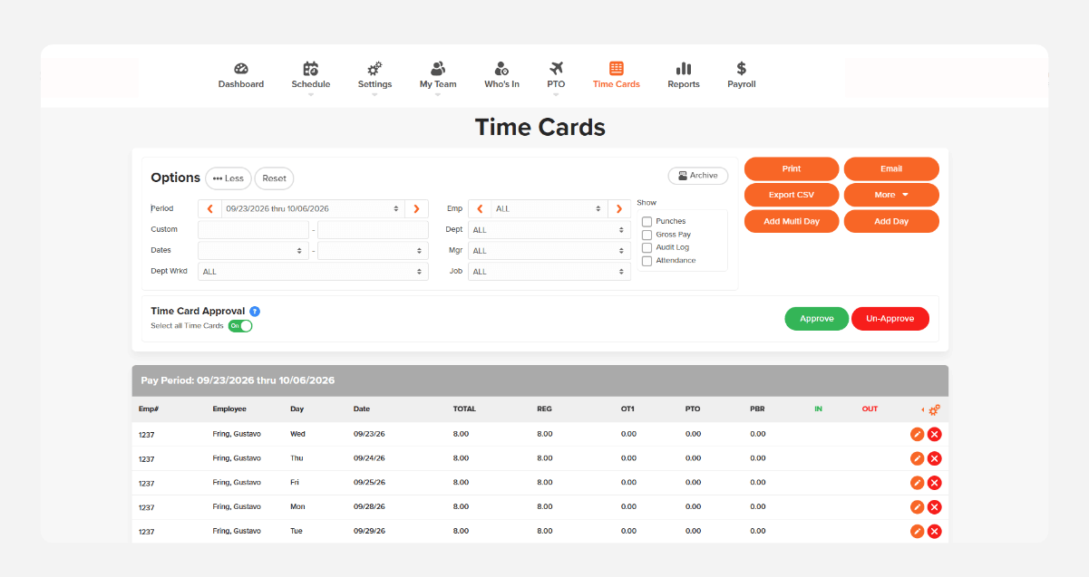 OnTheClock time card showing eight approved 8-hour days from Sept. 21 to 30, 2026, totaling 64 hours