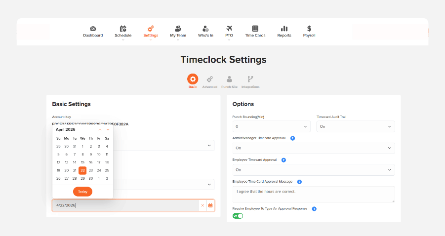 OnTheClock Pay Period Start Date field with the calendar picker open on April 22, 2026