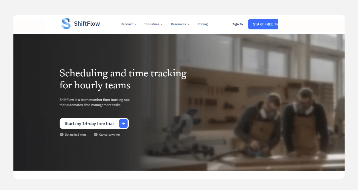 ShiftFlow workforce management app showing employee scheduling and time tracking.