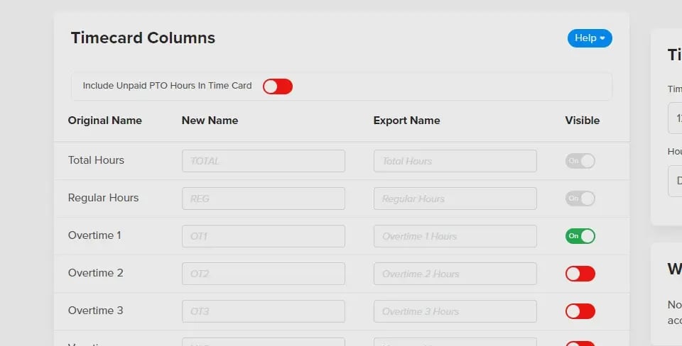 OnTheClock Timecard Columns settings for naming and showing hours and overtime columns on employee time cards
