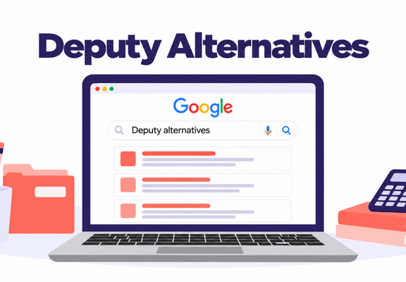 Laptop showing a Google search for Deputy alternatives, with folders and a calculator beside it