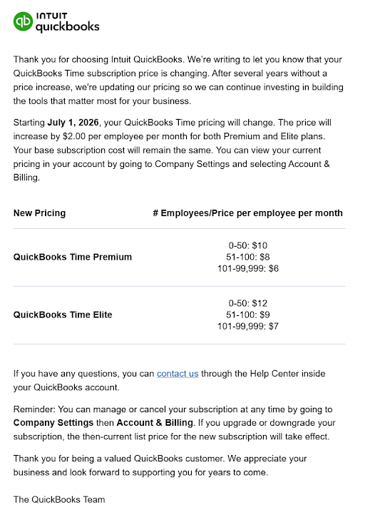 QuickBooks Time price increase notification email from Intuit, effective July 1, 2026
